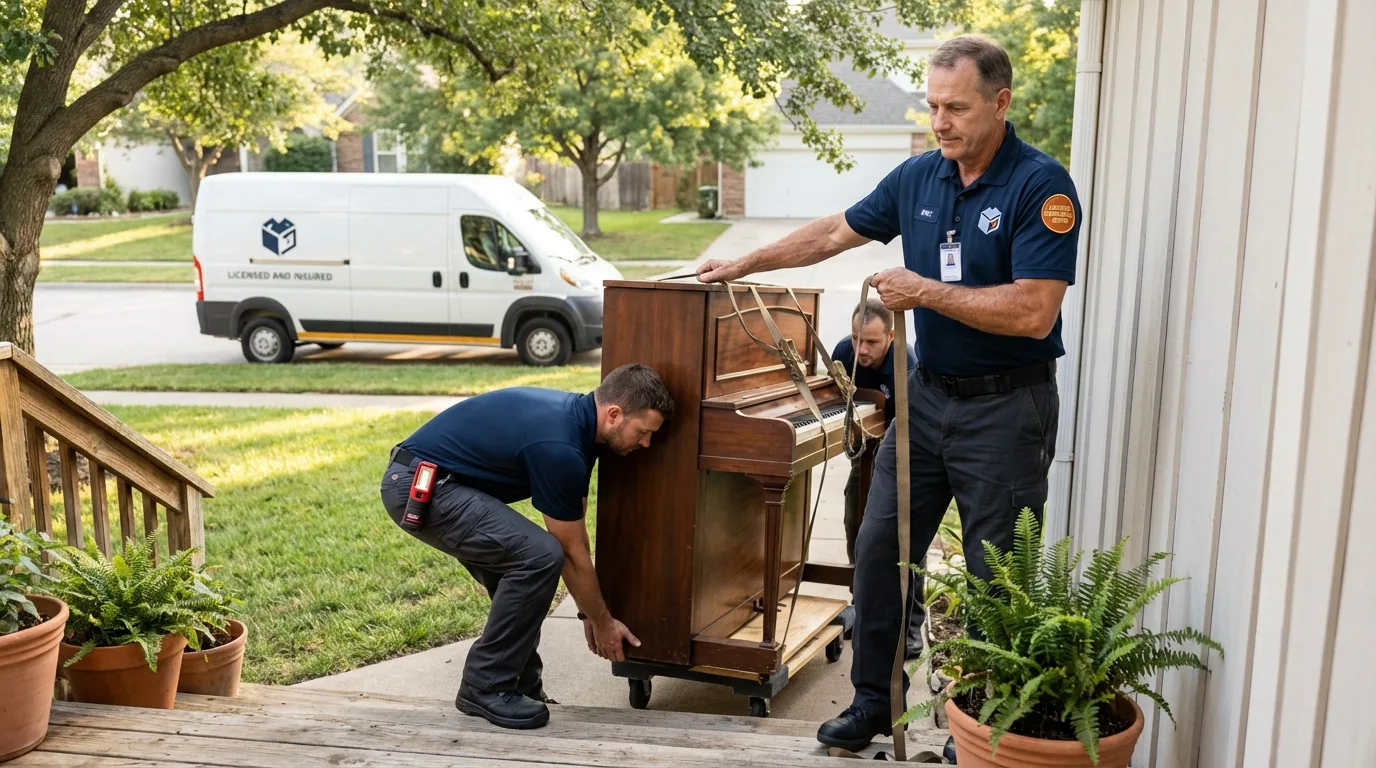 Licensed piano movers securing grand piano in Bourbon, MO