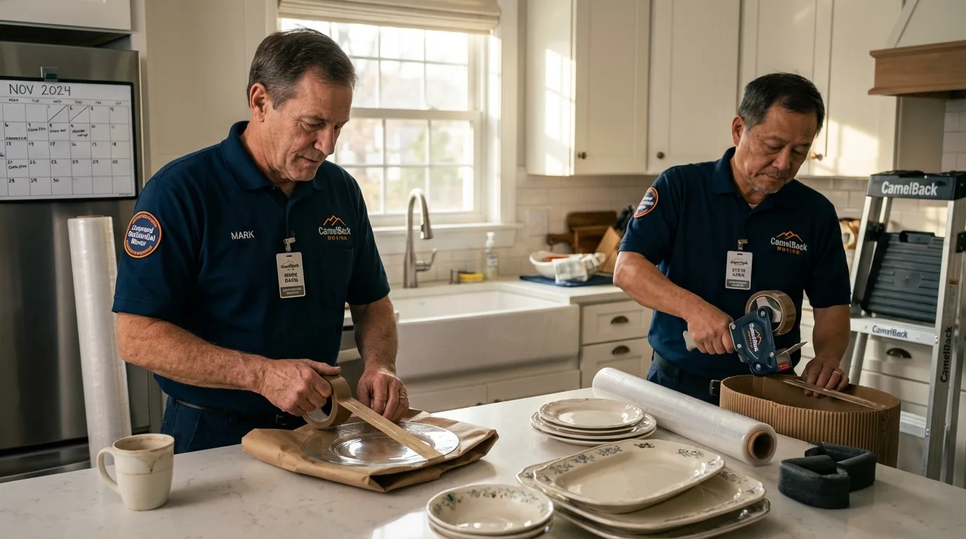 Professional crew packing kitchen dishware in Bourbon, MO
